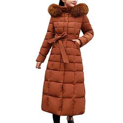 LAEMILIA Damen Winter Jacken Lang, Warm Daunenmantel mit Kapuze, Verdickt Übergangsjacke Maxi Parka Jacke Kunstpelz Gürtel Langarm Steppjacke Outwear Damenmantel von LAEMILIA