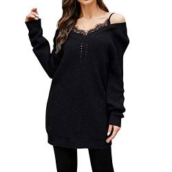 LAEMILIA Damen sexy Pullover V Ausschnitt mit Spitze Lange Strickpullover einfarbig Strickpulli Causal Sweater Pulli Schwarz XL von LAEMILIA