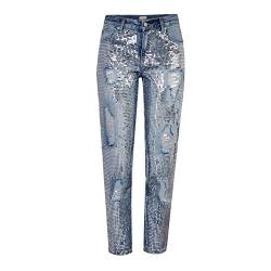 LAEMILIA Hosen Damen Jeans Stretch Straight Mid-Waist Jeanshose aus Baumwolle mit Pailletten Ripped Blue Jeans Zerrissen von LAEMILIA