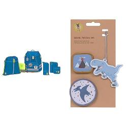 LÄSSIG 7-teiliges Schulranzen Set Kinder/School Set Flexy Unique blue & Anhänger und Patches Set/School Patches Set, Dinosaur von LÄSSIG