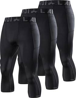 LAFROI Men's 3-Pack Compression Fit 3/4 Tights Leggings with Pcoket/Non-Pocket-YSK10 Pocket Black Size XXL von LAFROI