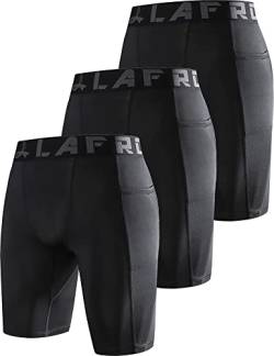 LAFROI Men's 3-Pack Quick Dry Cool Compression Fit Tights Shorts Waistband -YSK09 Pocket Black Size LG von LAFROI