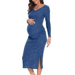 LAHILO V-Ausschnitt Mutterschaft Pullover Kleid, Herbst Umstandskleid, Langarm Seite Rüschen Strick gerippt Mutterschaft Bodycon Kleid, A-blau, Mittel von LAHILO