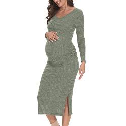 LAHILO V-Ausschnitt Mutterschaft Pullover Kleid, Herbst Umstandskleid, Langarm Seite Rüschen Strick gerippt Mutterschaft Bodycon Kleid, A-grünlich Grau, XX-Large von LAHILO