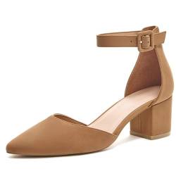LAICIGO D'Orsay Schuhe für Damen mit spitzem Zehenbereich, Knöchelriemen, Schnalle, klobiger Blockabsatz, 1-braun, 43 EU von LAICIGO