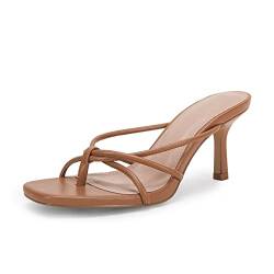 LAICIGO Damen Quadratische offene Zehenpartie Flip Flops Stiletto Heels Riemchen Tanga Slide on Slingback Pantoletten Sandalen, Braun, 43 EU von LAICIGO