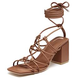 LAICIGO Damen-Sandalen mit Schnürung, offener quadratischer Zehenbereich, Blockabsatz, Knöchel, Riemchen, Slingback, Sommersandalen, Braun, 39 EU von LAICIGO