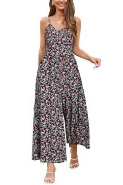 LAISHEN Jumpsuit Damen Sommer Overall Elegant Festlich Hochzeit Lang Hosenanzug Weites Bein Hose Playsuit mit Taschen (Floral 01, L) von LAISHEN