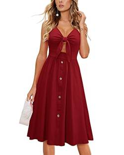 LAISHEN Sommerkleid Damen V-Ausschnitt Strandkleid Knielang Kleider Sommer Freizeitkleid mit Taschen(Wein,XL) von LAISHEN