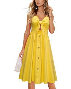 LAISHEN Sommerkleid Damen V-Ausschnitt Strandkleid Knielang Kleider Sommer Freizeitkleid mit Taschen(gelb,S) von LAISHEN