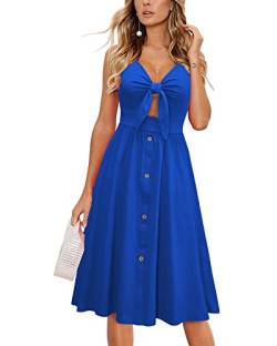 LAISHEN Womens 2023 Floral Sundress V-Neck Spaghetti Strap Tie Knot Front Flowy Swing Beach Dress with Pockets 2023(Blue,M) von LAISHEN