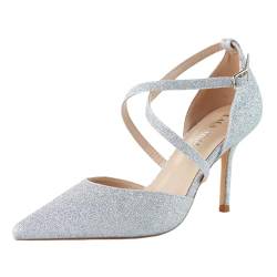 LALA IKAI Damen-Pumps, spitze Zehen, High Heels, Glitzer-Pumps, Riemchen, Kreuz-Knöchelriemen, Schuhe für Freizeit, Arbeit, Hochzeit, Abendkleid, Partykleid, silber, 38.5 EU von LALA IKAI