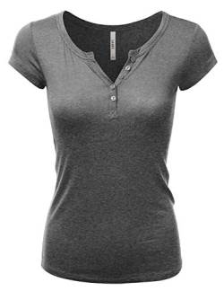 LALABEE Damen Tiefer V-Ausschnitt Kurzarm Basic Henley Knopf T-Shirt für Frauen - - Groß von LALABEE