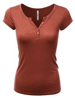 LALABEE Damen Tiefer V-Ausschnitt Kurzarm Basic Henley Knopf T-Shirt für Frauen - Orange - Groß von LALABEE