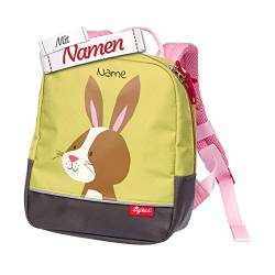 LALALO Sigikid Mini Kindergartenrucksack mit Namen personalisiert (bestickt), Kinderrucksack, Kinder Rucksack für Kindergarten Kita, Kleinkind Tasche, Kindergartentasche (Hase/Grün) von LALALO