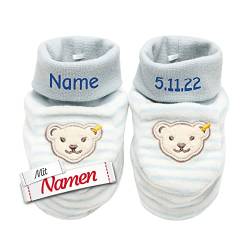 LALALO Steiff Bär Erste Baby Schuhe personalisiert mit Namen, Erstausstattung Geschenk für Neugeborene, Newborn Krabbelschuhe zur Geburt Taufe, Babyparty Erstausstattung (Blau/Junge) von LALALO