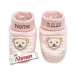 LALALO Steiff Bär Erste Baby Schuhe personalisiert mit Namen, Erstausstattung Geschenk für Neugeborene, Newborn Krabbelschuhe zur Geburt Taufe, Babyparty Erstausstattung (Rosa/Mädchen) von LALALO
