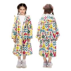 LAMA Regenmantel Kinder, Regenponcho Mädchen Leichter Kinder Regenjacke, Wiederverwendbar Regenbekleidung Regencape mit Kapuze & Rucksackabdeckung, Raincoat für Fahrrad Camping, Bunte Geometrie XL von LAMA