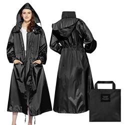 LAMA Stilvoller langer Regenmantel Regenponcho mit Wasserdichte Pattentasche Kapuze Tunnelzug Erwachsene Regenbekleidung Regencape Regenjacke Raincoat Regenschutzbekleidung Herren Damen, Schwarz L von LAMA