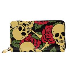 LAMAME Magic Blue Fox Bedruckte Ledergeldbörse mit Reißverschlusstasche Lange Clutch Tragbare Reisebrieftasche, Rose und Totenkopf, Einheitsgröße von LAMAME