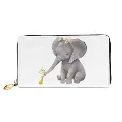 LAMAME Niedliche Baby Pinguine Skizze Gedruckt Große Reise Brieftasche Männer Frauen Reißverschluss Clutch Kartenhalter, Niedlicher Elefant mit Kranz und kleiner Ente, Einheitsgröße von LAMAME