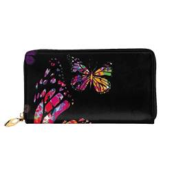 LAMAME Palm Tree Purple Sunset Printed Leather Wallet with Zip Pocket Long Clutch Portable Travel Wallet, Pretty Butterfly, Einheitsgröße von LAMAME