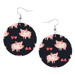 LAMAME Roter niedlicher Schweinchen-Druck, rund, baumelnde Ohrringe, Lederohrring, Urlaubsparty-Dekoration von LAMAME