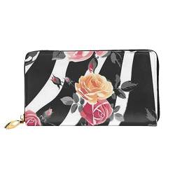 LAMAME Seesternmuschel Blau Holz am Strand Landschaft Bedruckte Leder Geldbörse mit Reißverschlusstasche Lange Clutch Tragbare Reise Brieftasche, Rosen Blume Floral Zebra Streifen, Einheitsgröße von LAMAME