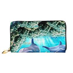 LAMAME Trendy Wolf Gedruckt Leder Geldbörse mit Reißverschluss Tasche Lange Kupplung Tragbare Reise Brieftasche, Ozean Unterwasser-Delfinfisch, Einheitsgröße von LAMAME
