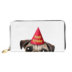 LAMAME Wassermelonengrün bedruckte Ledergeldbörse mit Reißverschlusstasche Lange Clutch Tragbare Reisebrieftasche, Niedlicher Mops-Welpe mit Aufschrift "Happy Birthday", Einheitsgröße von LAMAME