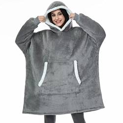 LAMOOER Übergroße Decke Hoodie Sweatshirt Tragbare Kapuzendecke, Warme weiche Sherpa Fleece Hoodie Decke mit großer Tasche für Frauen Männer Teens Grau von LAMOOER