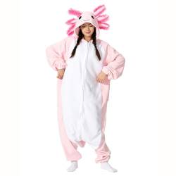 LANFAN Erwachsene Onesie Axolotl Kostüm Pyjama Herren Damen Unisex Cosplay Tier Plüsch Nachtwäsche Halloween Jumpsuit für Männer Frauen Schlafanzug von LANFAN