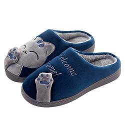 LANFIRE Herren Winter Hausschuhe Damen Hausschuhe，Tierpantoffeln mit Cartoon Katze und Pfote rutschfeste Indoor Home Hausschuhe (44/45 EU, Blue) von LANFIRE