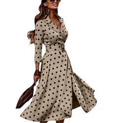 LANG XU GLASS Frühling Herbst Damen Kleid V-Ausschnitt Polka Dot Print Dreiviertelärmel Schnürung Schlitz Midi Kleid Vestido, Khaki Punkte, X-Small von LANG XU GLASS