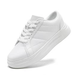 LANGFEUU Damen Turnschuhe Sneaker Flacher Absatz Leder Schuhe Wanderschuhe Straßenlaufschuhe rutschfest Frauen Halbschuhe Weiß EU 36 von LANGFEUU