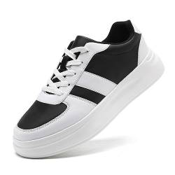 LANGFEUU Damen Turnschuhe Sneaker Leder Flacher Absatz Schuhe Wanderschuhe Straßenlaufschuhe rutschfest Frauen Halbschuhe Schwarz Weiß EU 37 von LANGFEUU