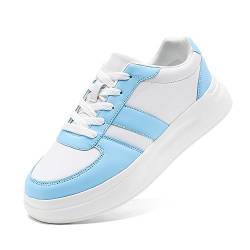 LANGFEUU Damen Turnschuhe Sneaker Leder Flacher Absatz Schuhe Wanderschuhe Straßenlaufschuhe rutschfest Frauen Halbschuhe Weiß Blau EU 38 von LANGFEUU