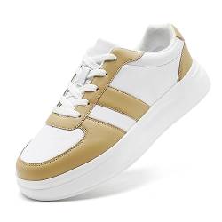 LANGFEUU Damen Turnschuhe Sneaker Leder Flacher Absatz Schuhe Wanderschuhe Straßenlaufschuhe rutschfest Frauen Halbschuhe Weiß Braun EU 42 von LANGFEUU