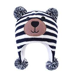 LANGZHEN Kleinkind Kinder Kleinkind Winter Hut, Earflap Strick Warm Cap Fleece gefütterte Mütze für Baby Boys (Bär-Navy Streifen, S(46-48CM/18.11"-18.9")) von LANGZHEN