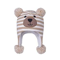 LANGZHEN Kleinkind Kinder Kleinkind Winter Hut, Earflap Strick Warme Kappe Fleece gefütterte Mütze für Baby Jungen Mädchen (Bär-Beige Streifen, 12-24 Monate) von LANGZHEN