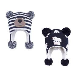 LANGZHEN Kleinkind Kinder Kleinkind Winter Hut, Earflap Strick Warme Kappe Fleece gefütterte Mütze für Baby Jungen Mädchen (Bär-Navy Streifen+Eisbär-Navy, 6-12 Monate) von LANGZHEN