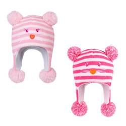 LANGZHEN Kleinkind Kinder Kleinkind Winter Hut, Earflap Strick Warme Kappe Fleece gefütterte Mütze für Baby Jungen Mädchen (Katze -Rose+Bär -rosa Streifen, 12-24 Monate) von LANGZHEN