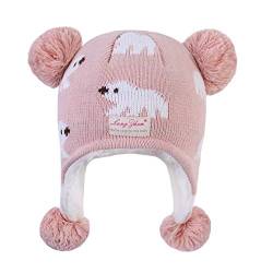 LANGZHEN Kleinkind Kinder Kleinkind Winter Hut, Earflap Strick Warme Kappe Fleece gefütterte Mütze für Baby Mädchen (Eisbär gegen Rosa, M(48-50CM/18.9"-19.69")) von LANGZHEN