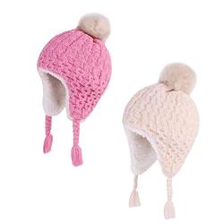 LANGZHEN Kleinkind Kinder Winter Hut, Earflap Strick Warm Cap Fleece gefütterte Mütze für Baby Mädchen (Pfirsich+Beige, 6-12 Monate) von LANGZHEN