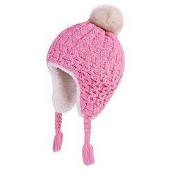 LANGZHEN Kleinkind Kinder Winter Hut, Earflap Strick Warm Cap Fleece gefütterte Mütze für Baby Mädchen (Pfirsich, 12-24 Monate) von LANGZHEN