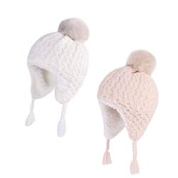 LANGZHEN Kleinkind Kinder Winter Hut, Earflap Strick Warme Cap Fleece gefütterte Mütze für Baby Mädchen (Weiß+Beige, 12-24 Monate) von LANGZHEN