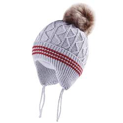 LANGZHEN Kleinkind Nette Pompom Design Beanie Stricken Warme Winter Hüte für Kleinkind Baby Boys (Grau, S,6-12,Months) von LANGZHEN