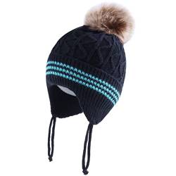 LANGZHEN Kleinkind Nette Pompom Design Beanie Stricken Warme Winter Hüte für Kleinkind Baby Boys (Navy, L,2-4 Jahre) von LANGZHEN