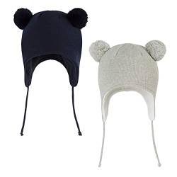 LANGZHEN Nette Pom Pom Babys Winter Hut Infant Earflap Strick Warme Kappe für Jungen Mädchen Kleinkind Kinder Fleece gefütterte Mütze für Classic -Navy+Grey,0-6 Monate von LANGZHEN