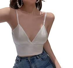 Satin Bralette Women Silk Camisole Elastic Underwear Free Size Crop Tops Girl Sexy Triangle Bra V Neck Teens Outer Wear Shirt White von LANKEE